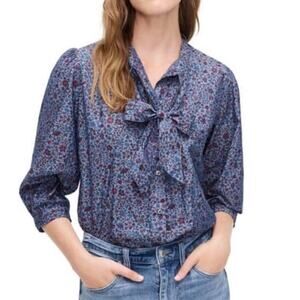 J.Crew Liberty Fabric Blue Floral Bow Tie Neck Button Blouse XS